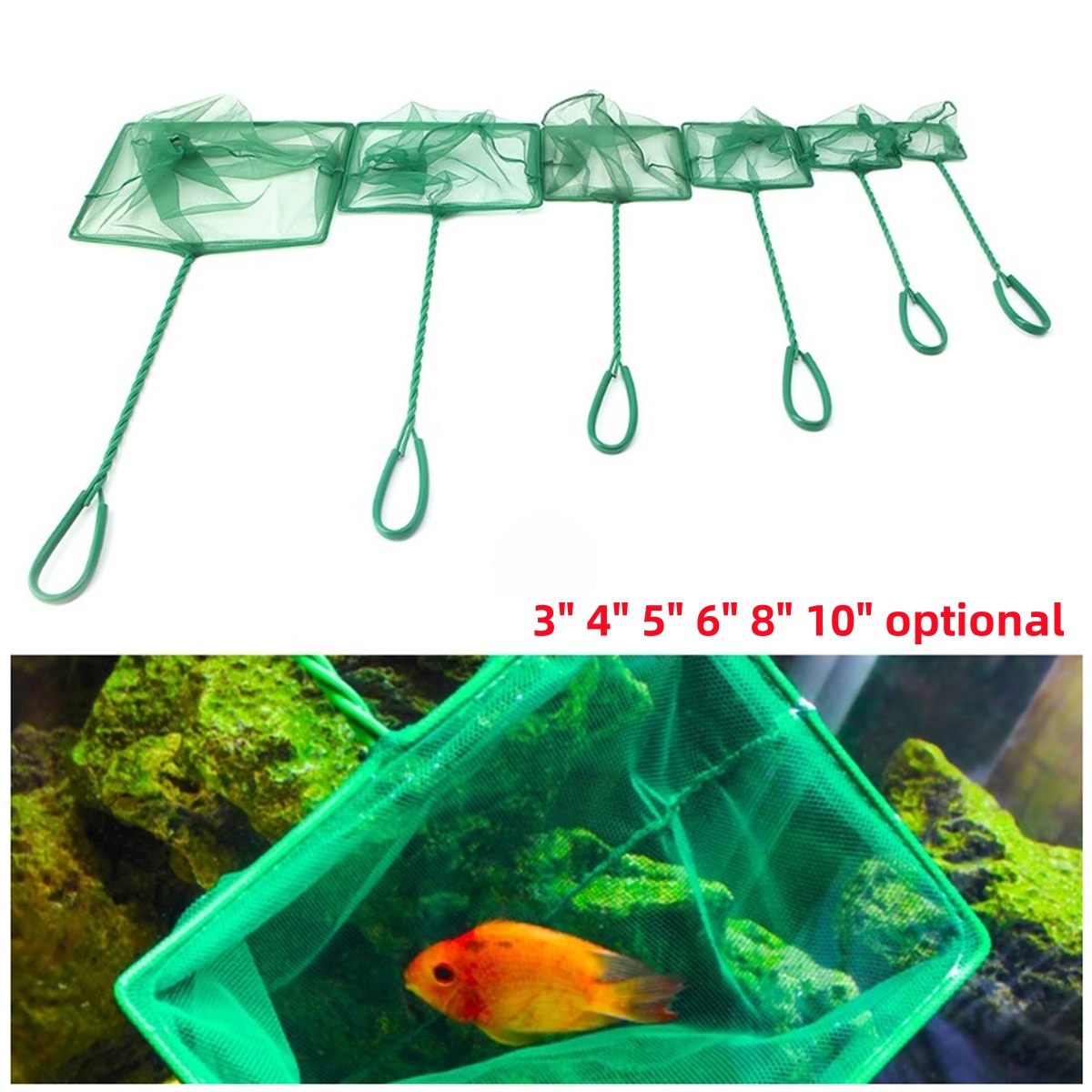 Aquarium Fish Net - 3~10 Inch Portable Nylon Green Fish